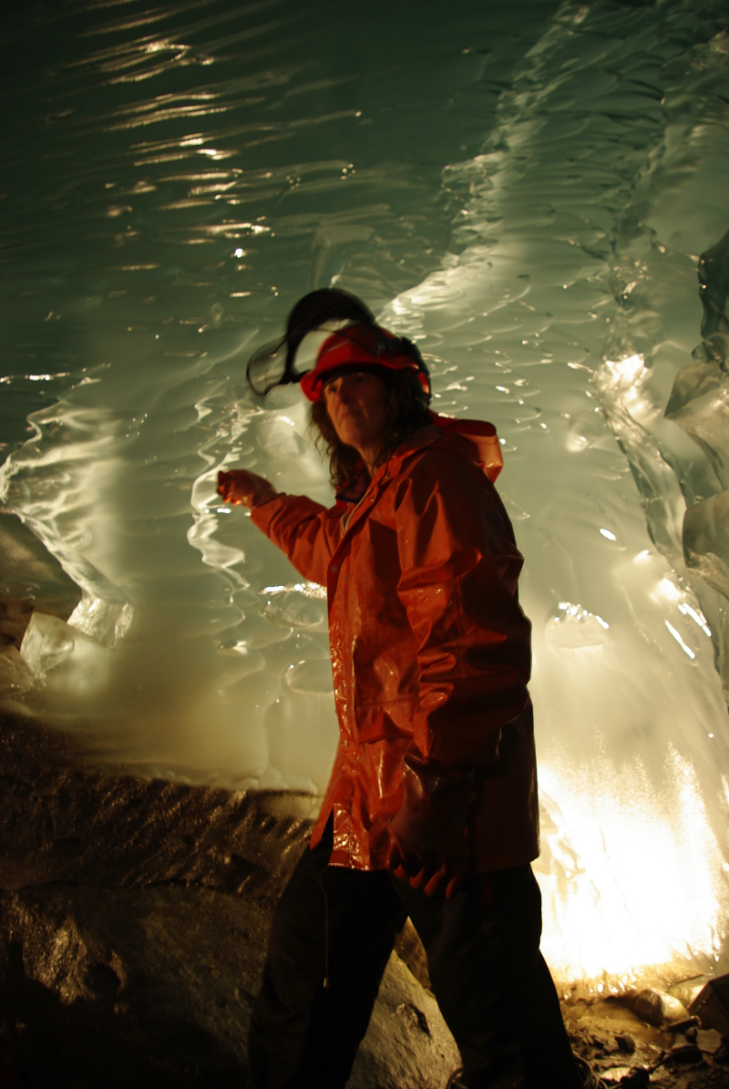 Miriam Jacson working in the ice cave made by hot water melting on 21st March 2009. 