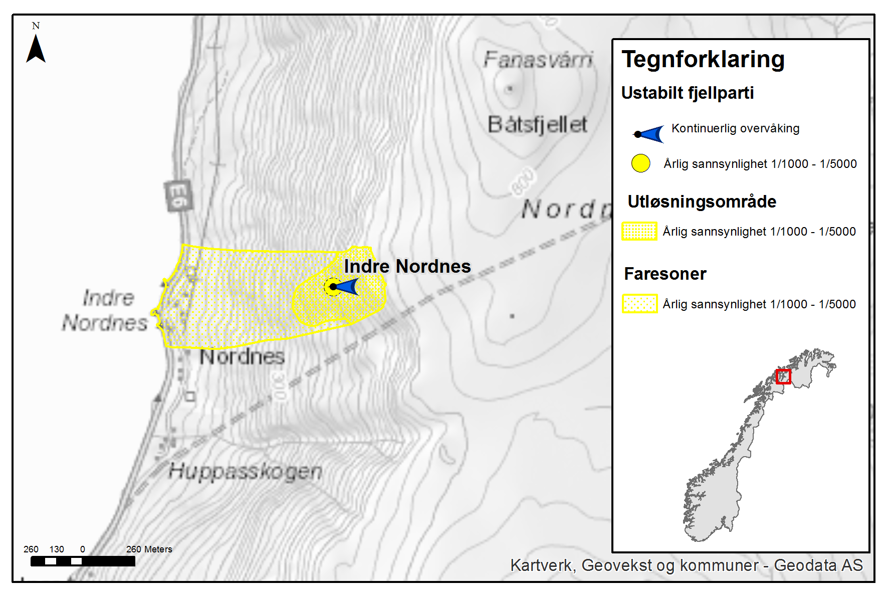 Faresoner Indre Nordnes. Kart: NVE