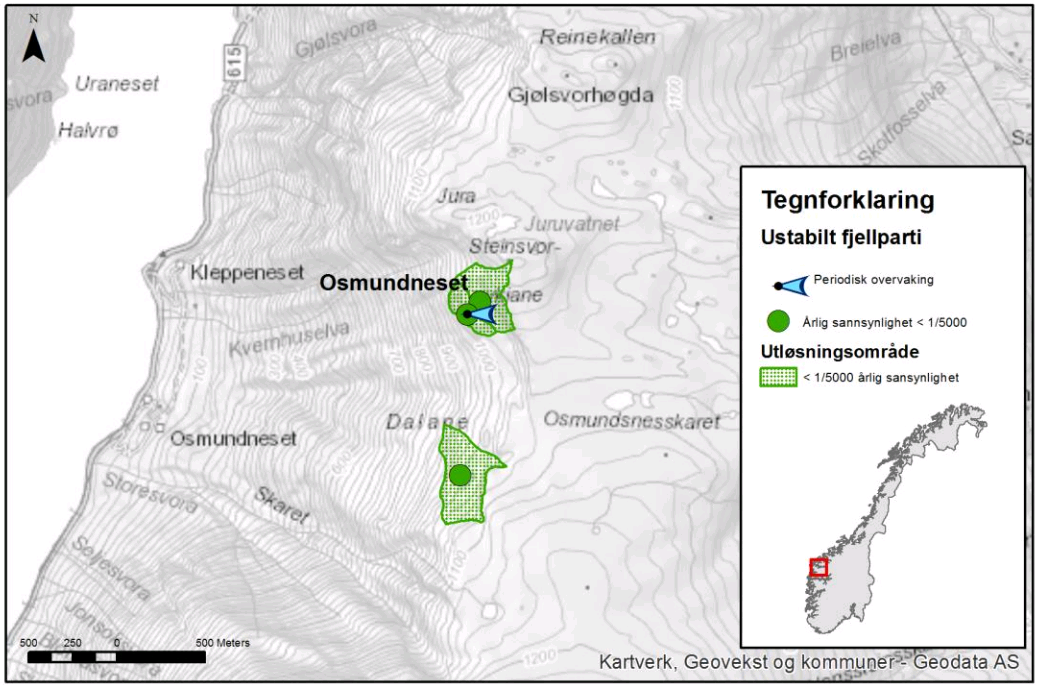 Faresoner Osmundneset. Kart: NVE