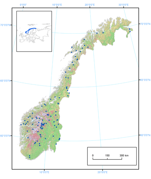 Kart over Norge med oversikt over de 101 innsjøene som er med i analysen