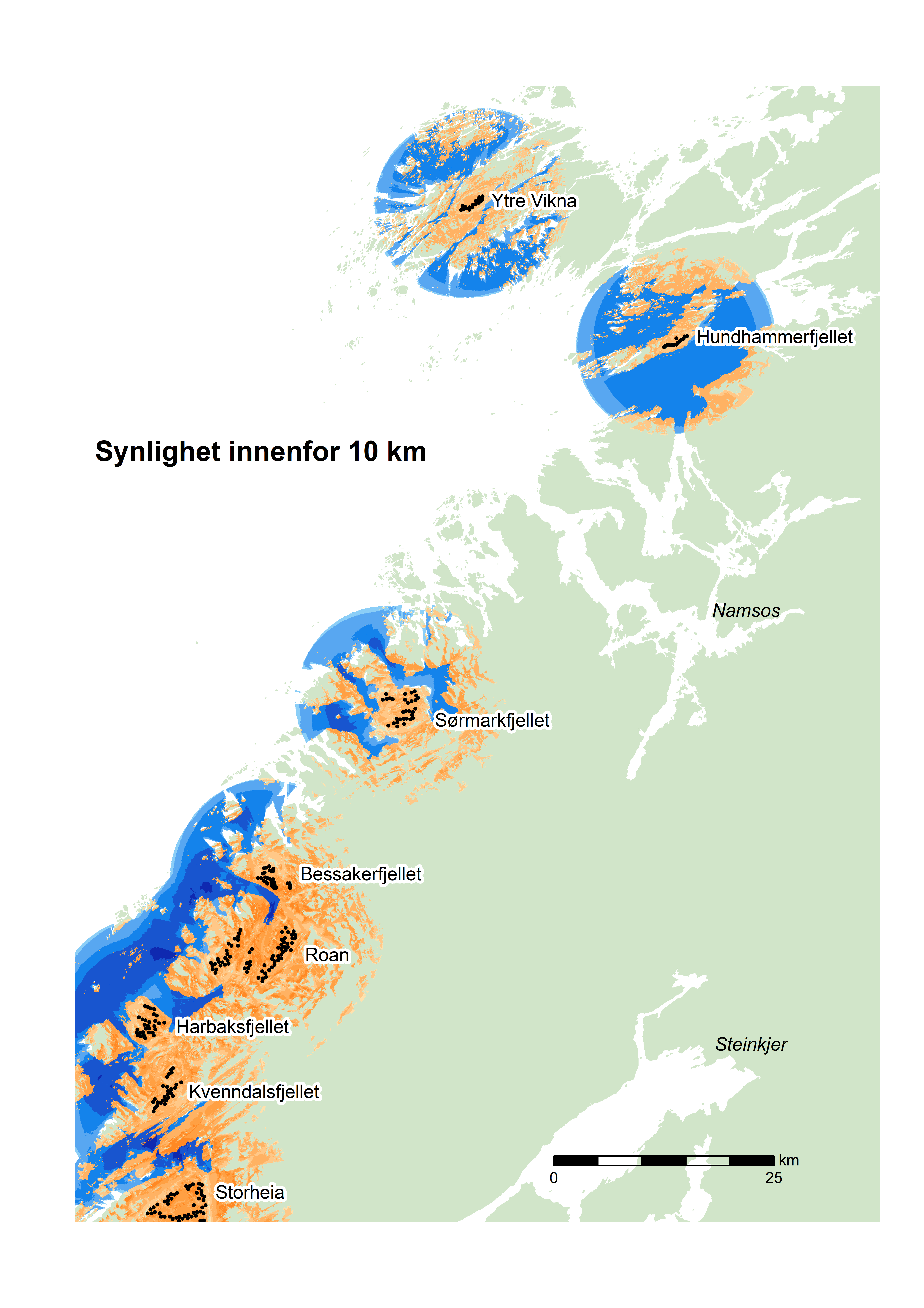 Eksempel på synlighet av vindturbiner i deler av Trøndelag og langs kysten, innenfor en avstand på 10 km. Kilde: Miljødirektoratet