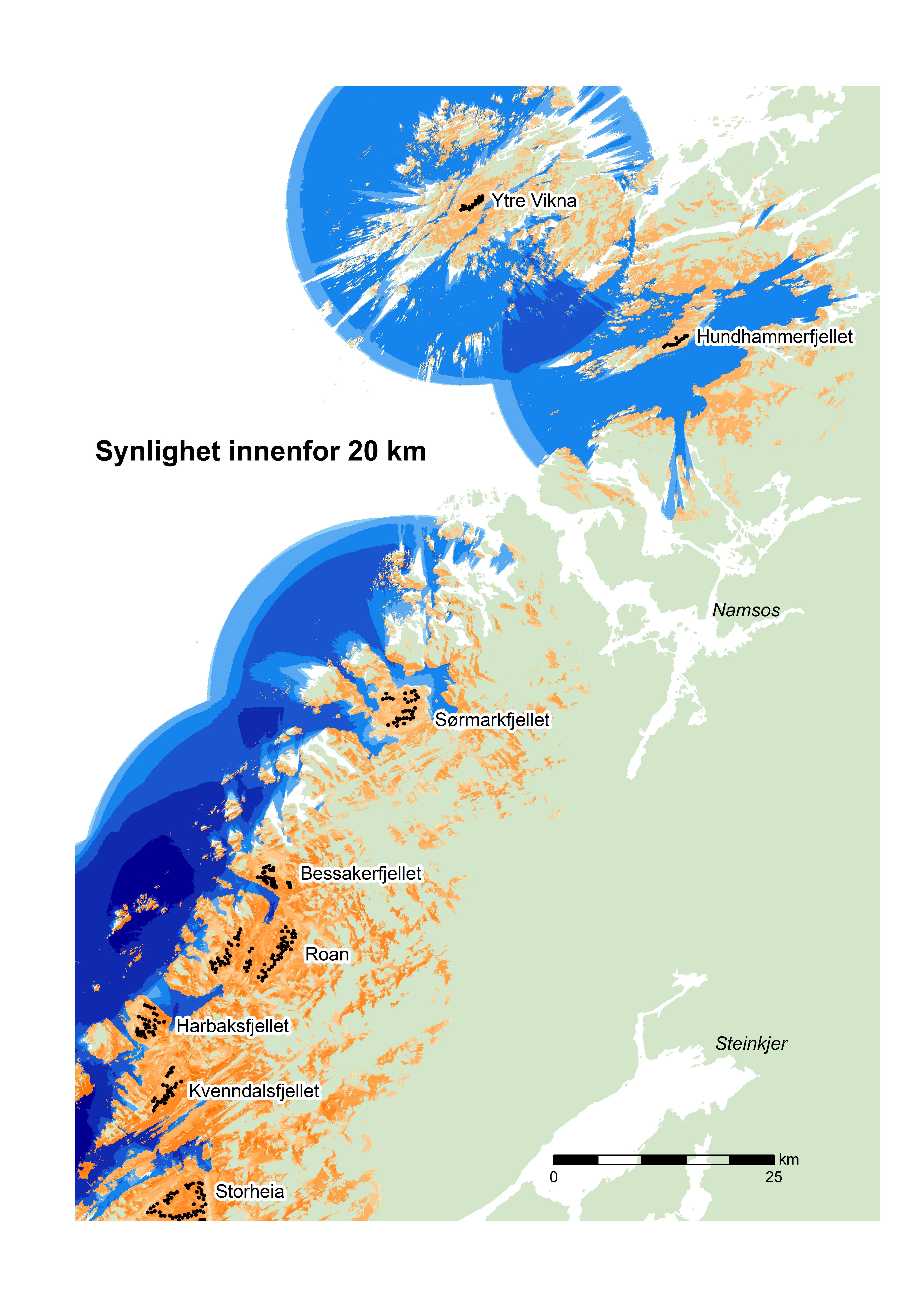 Eksempel på synlighet av vindturbiner i deler av Trøndelag og langs kysten, innenfor en avstand på 20 km. Kilde: Miljødirektoratet