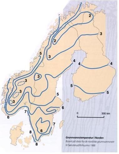 Kart over Norden med isolinjer for grunnvannstemperaturer, 3-8 grader Celsius.