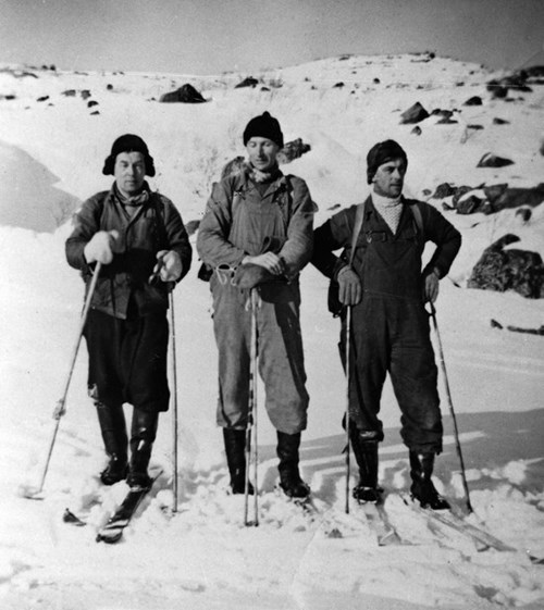 Albert Bergsli, Ragnar Ingebrigtsen og Arthur Pettersen på vei til arbeid via ski
