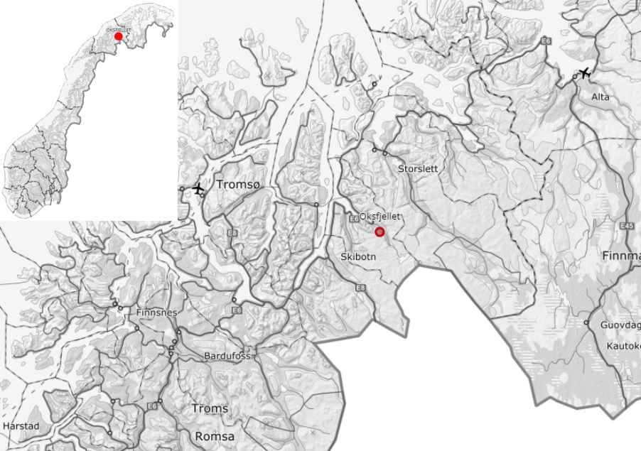 Oksfjellet i Kåfjord kommune. Kart: TromsAtlas/Norge digitalt