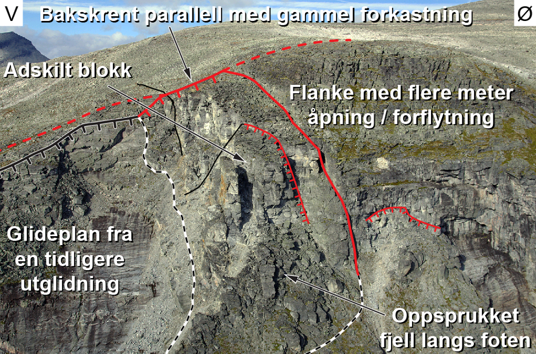 Detaljbilde av det ustabile fjellpartiet Klingråket. Foto: M.Böhme, NGU