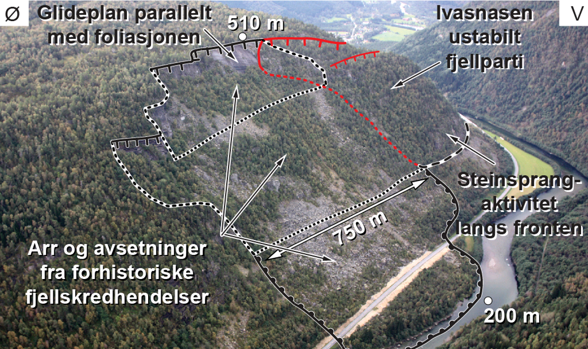 Oversiktsbilde av det ustabile fjellpartiet Ivasnasen og det forhistoriske fjellskredet. Foto: T.Oppikofer, NGU